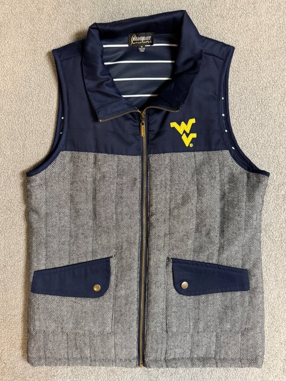 Gameday Couture Womens WVU Vest Navy Gray Herringbone Striped Size M